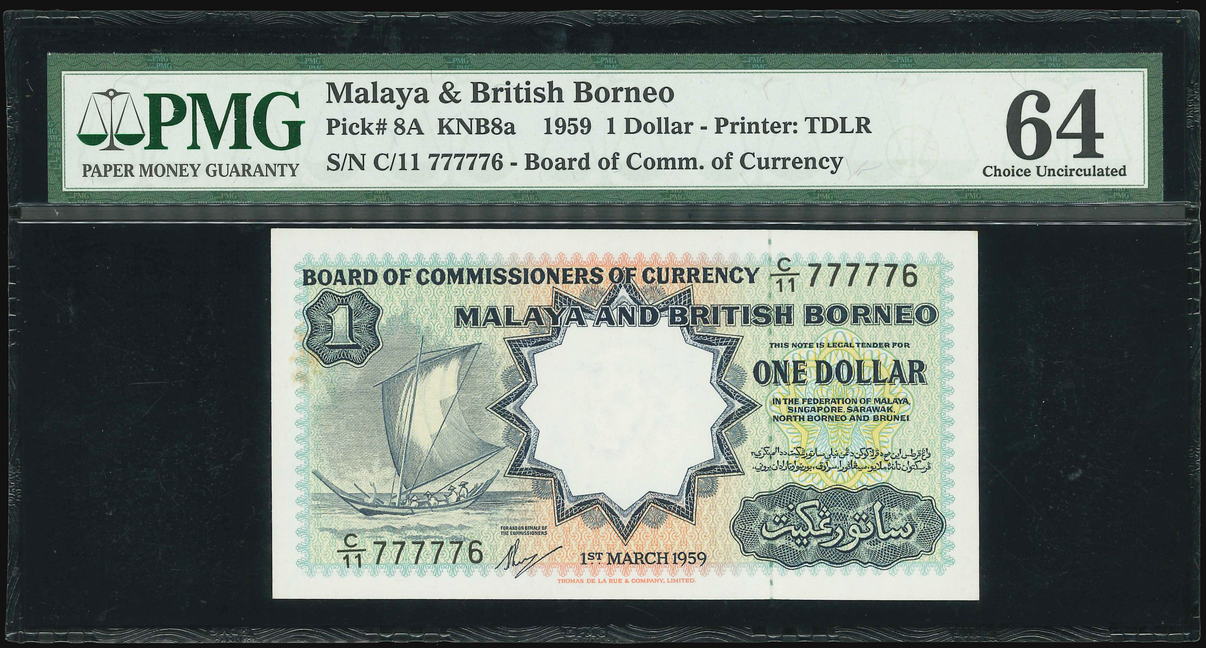 Malaya British Borneo, 1959, 1 Dollar, S/N. C/11 777776, PMG 64