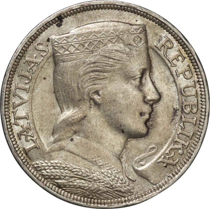 1931年発行のラトビア 5ラッツ銀貨 本物 323 ラトビア-Latvia. 1931. 極美. EF. Silver. 5ラッツ(Lati). 女性