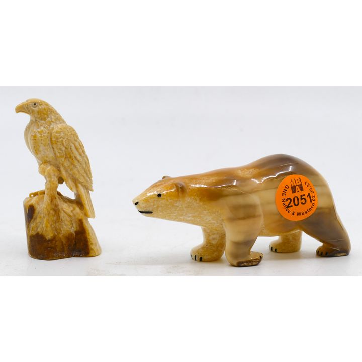 2pc Edy Syngoc Inuit Fossilized Polar Bear & Eagle Sculptures. Largest 4''