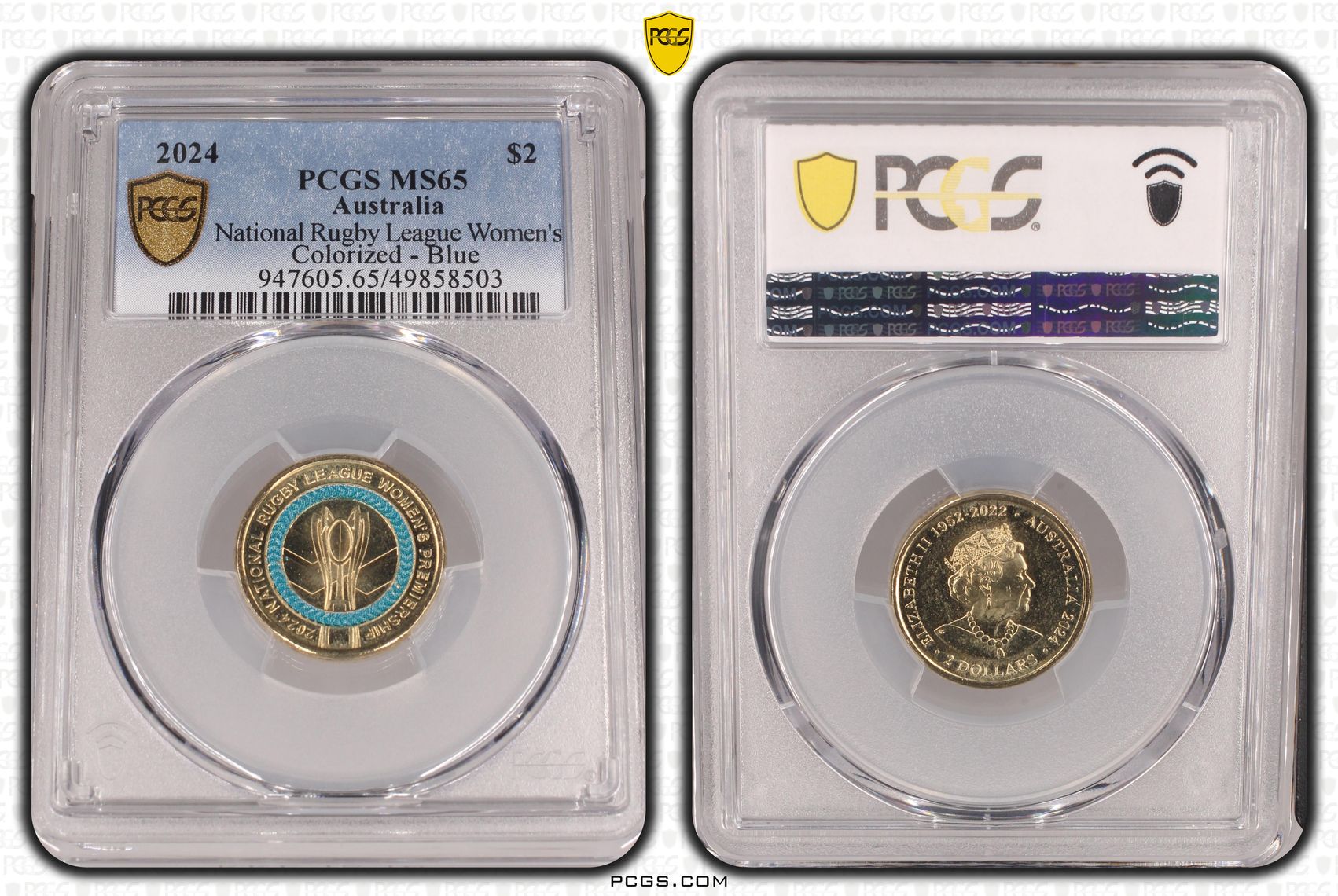 Elizabeth II, National Rugby League Women's Colorized - Blue , Two Dollar, 2024, PCGS MS65