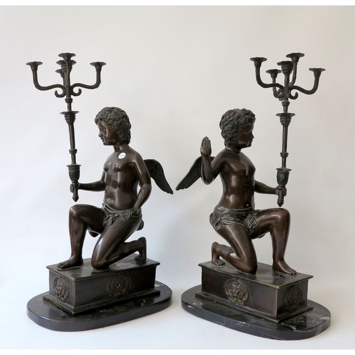 PAIR OF HEAVY SPELTER FIGURAL CANDELABRA ON MARBLE BASES