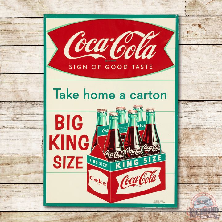 1960 Coca Cola Big King Size Take Home a Carton w/ 6 Pack Tin Sign