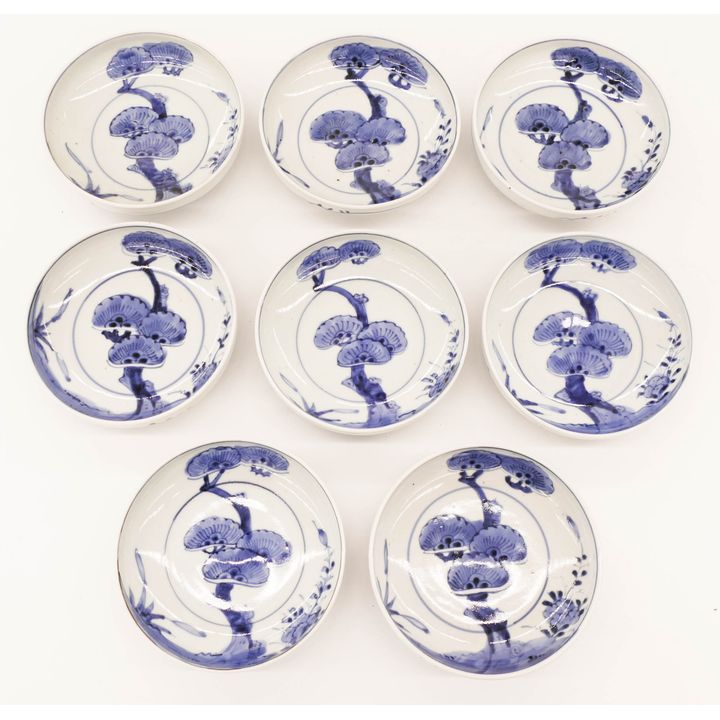 Set 8 Japanese Meiji Sometsuke Pine Tree Low Bowls