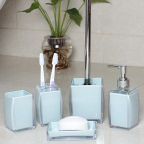 TUANYO 5 PCS BLUE ACRYLIC BATHROOM ACCESSORIES SET COMPLETE,LOTION/SOAP DISPENSER,SOAP DISH,TOOTHBRUSH HOLDER,TUMBLER, TOILET BRUS