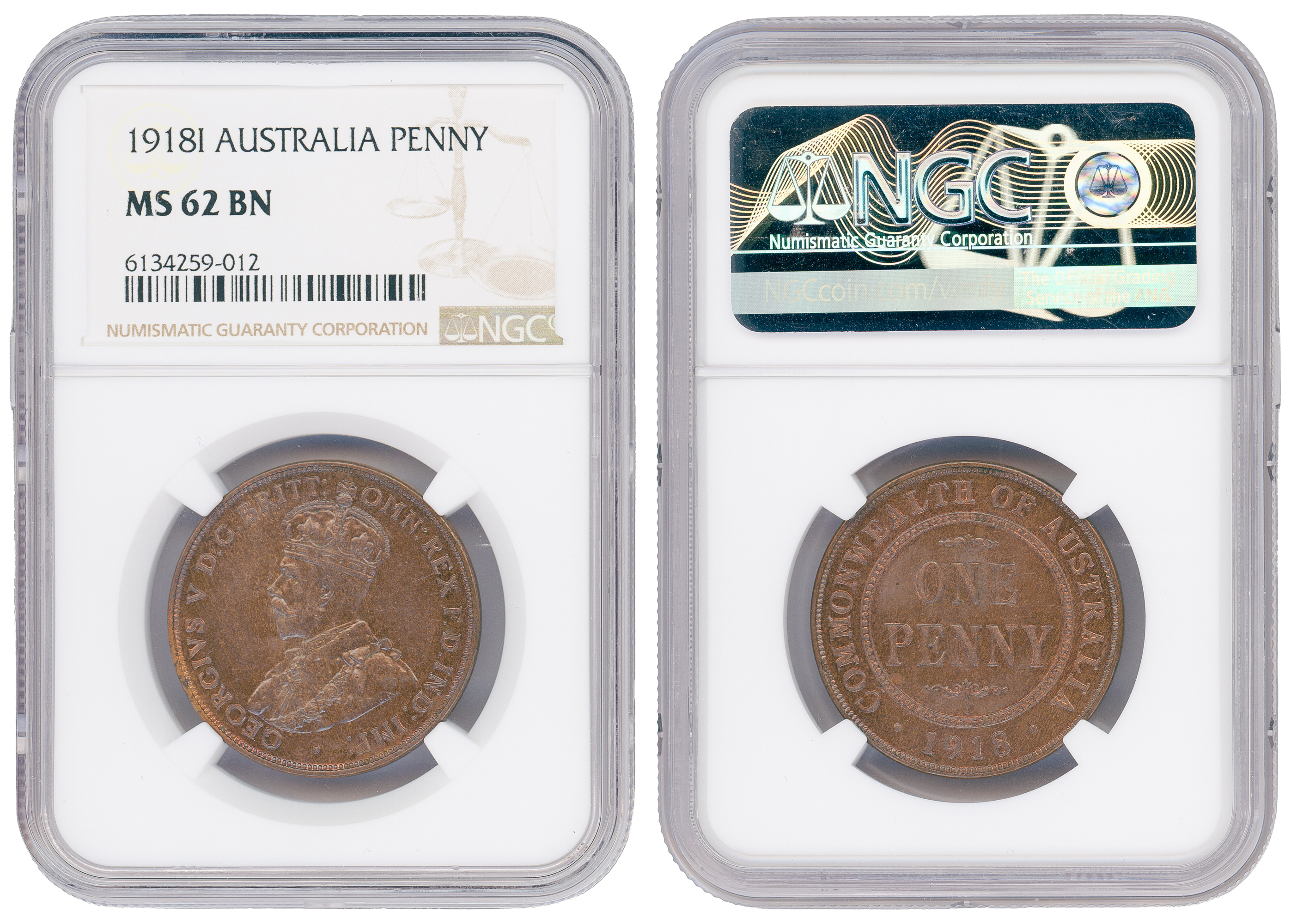 George V, Penny, 1918-I, NGC MS62BN