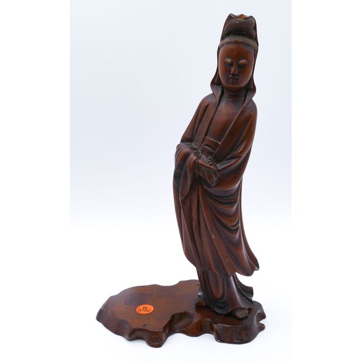 Old Chinese Carved Wood Guanyin Figure on Platform 13''