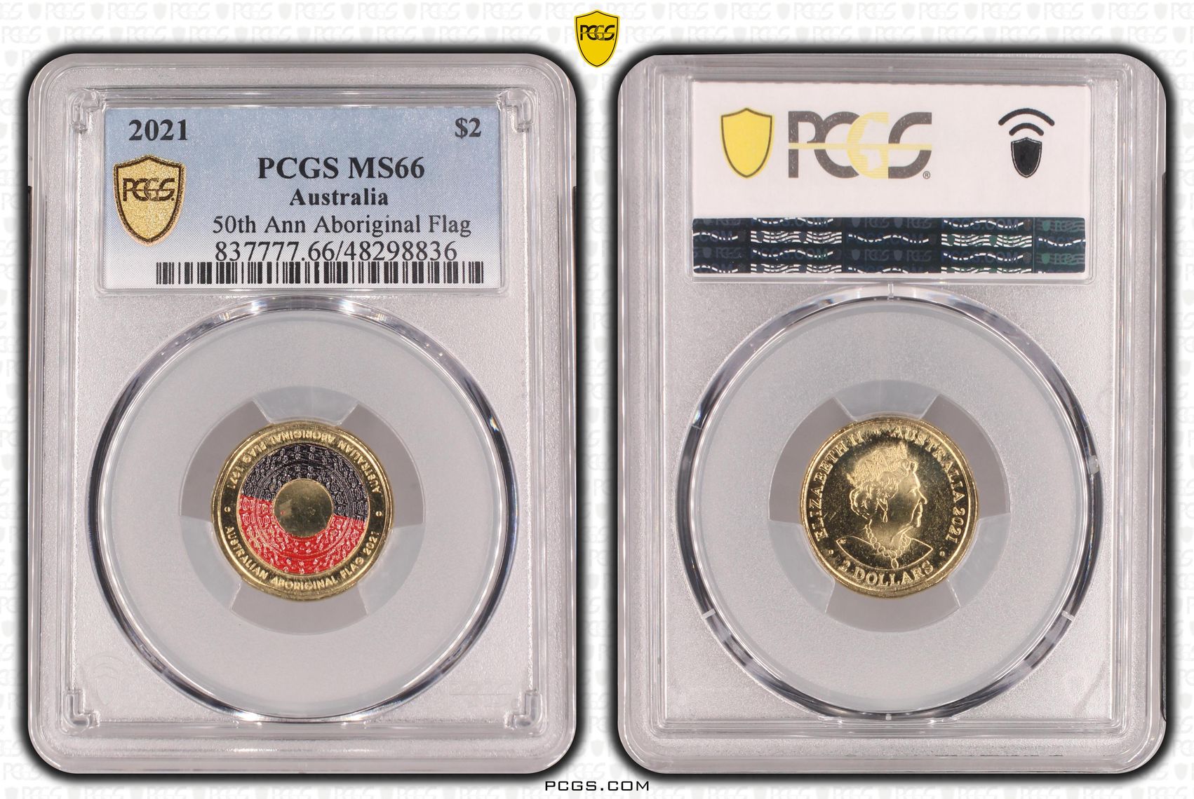 50th Ann Aboriginal Flag Colourised, Two Dollar, 2021, PCGS MS66