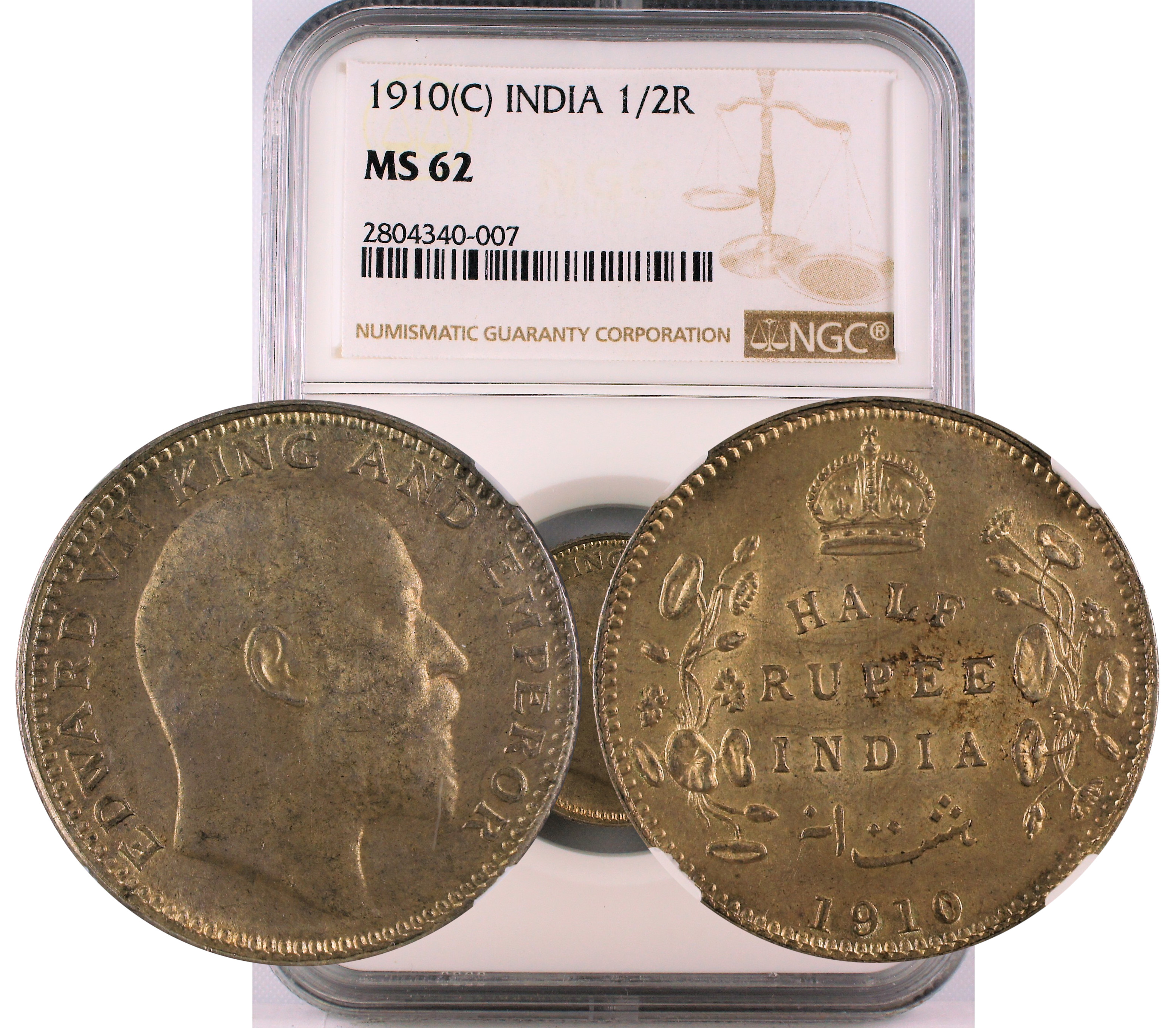 1910 C INDIA 1/2 RUPEE MS62
