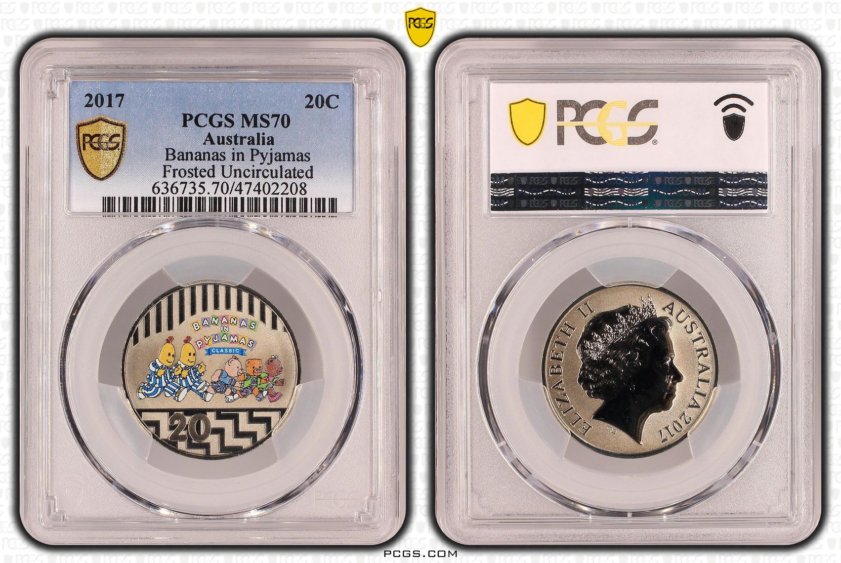Bananas in Pyjamas Frosted Uncirculated, Twenty Cent, 2017, PCGS MS 70