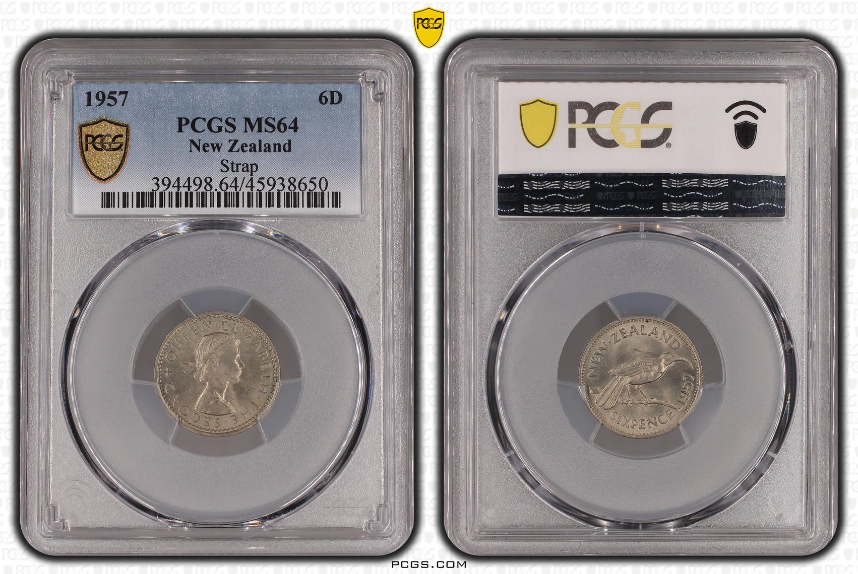 1957 New Zealand Sixpence Strap PCGS - MS64 -650