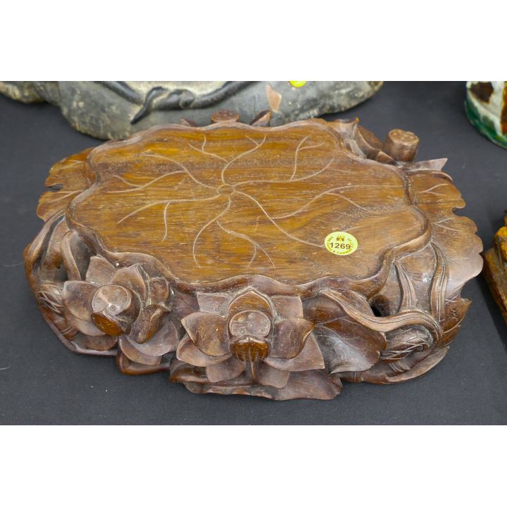 Chinese Carved Hardwood Lotus Stand 11''