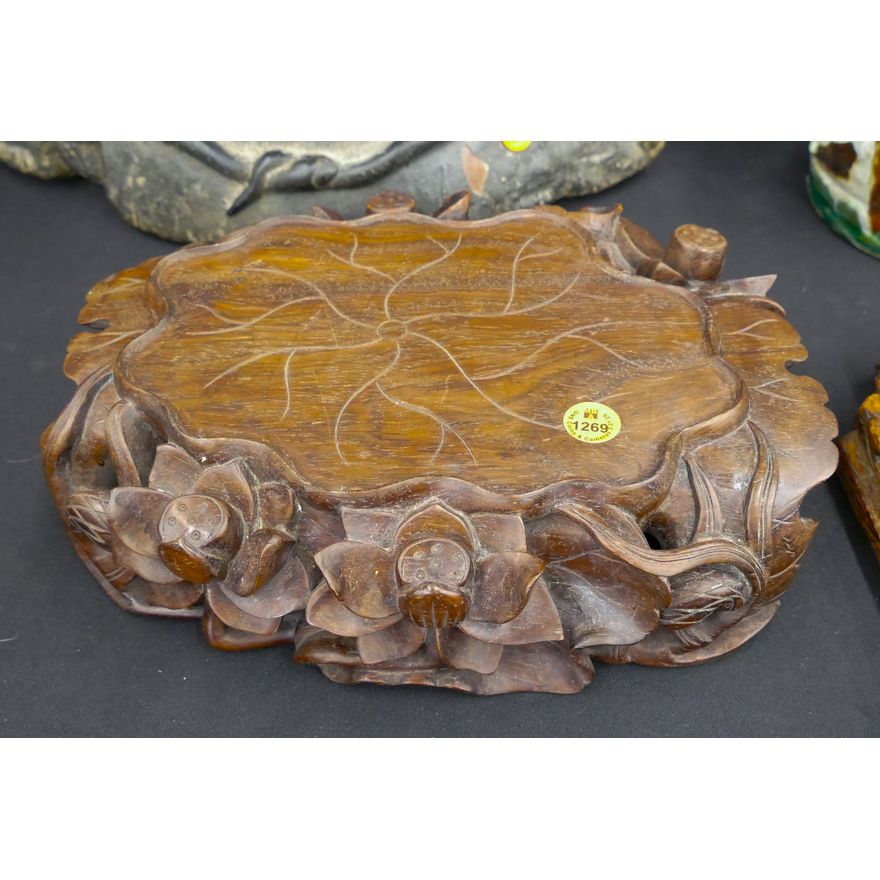 Chinese Carved Hardwood Lotus Stand 11''