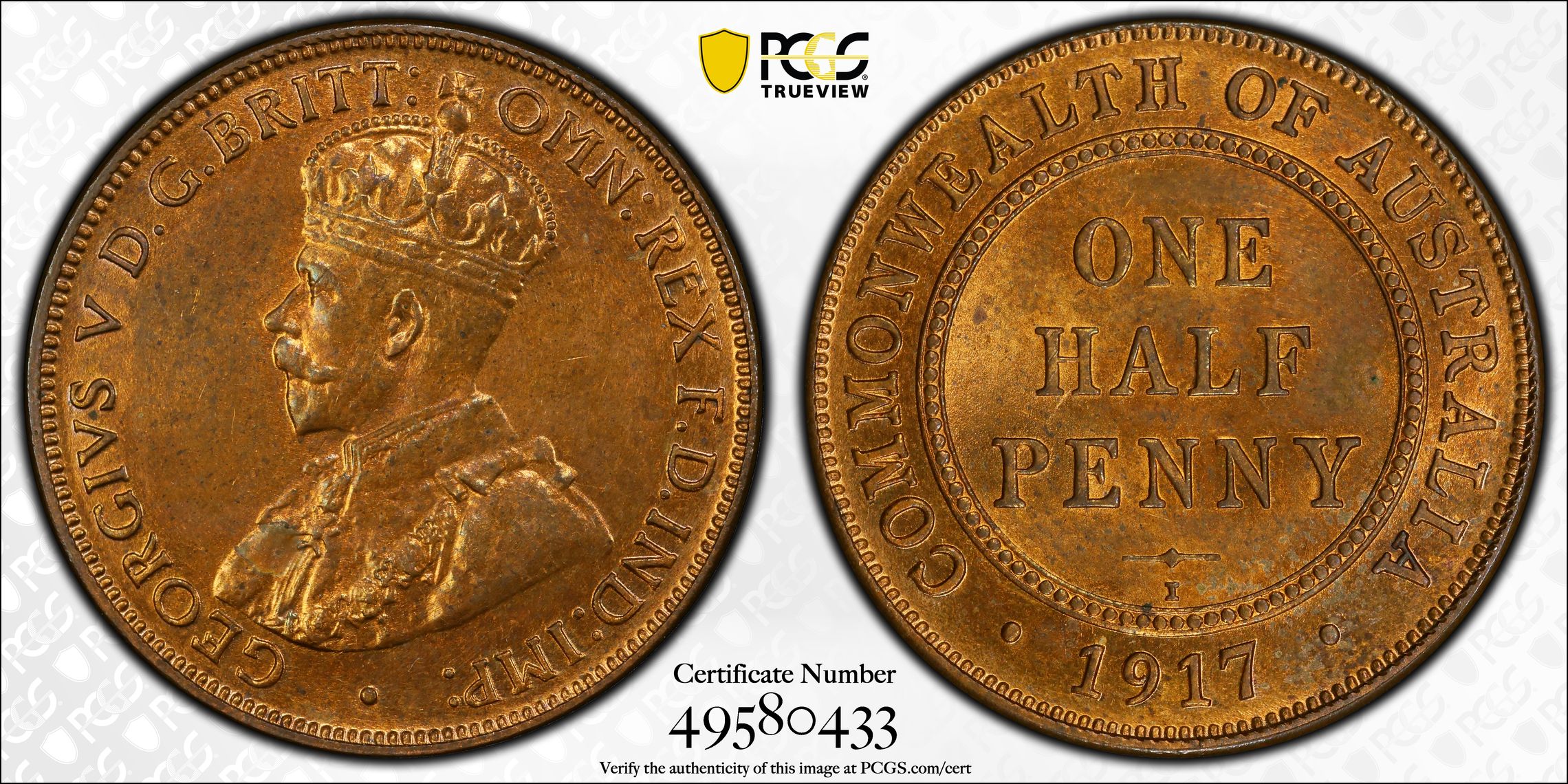 George V, Halfpenny, 1917-I, PCGS MS64RB