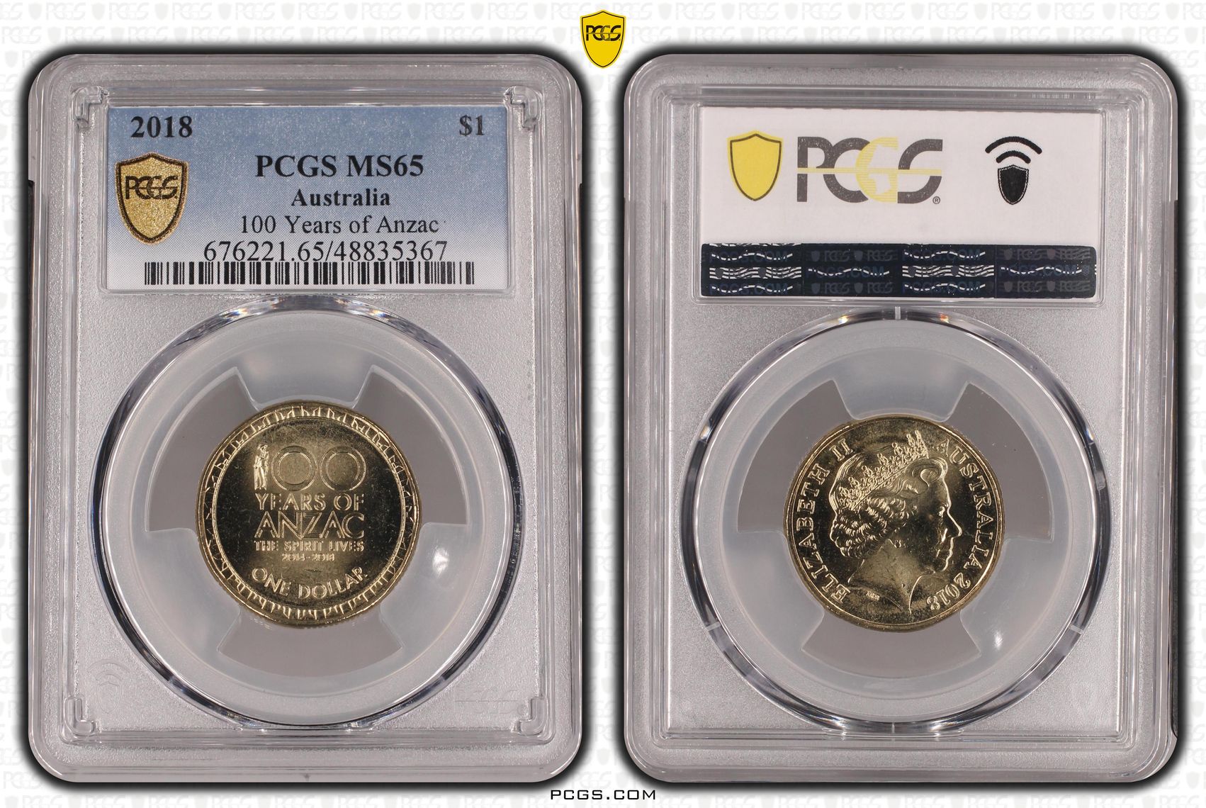 436 · Elizabeth II, 100 Years of Anzac , One Dollar, 2018, PCGS MS65