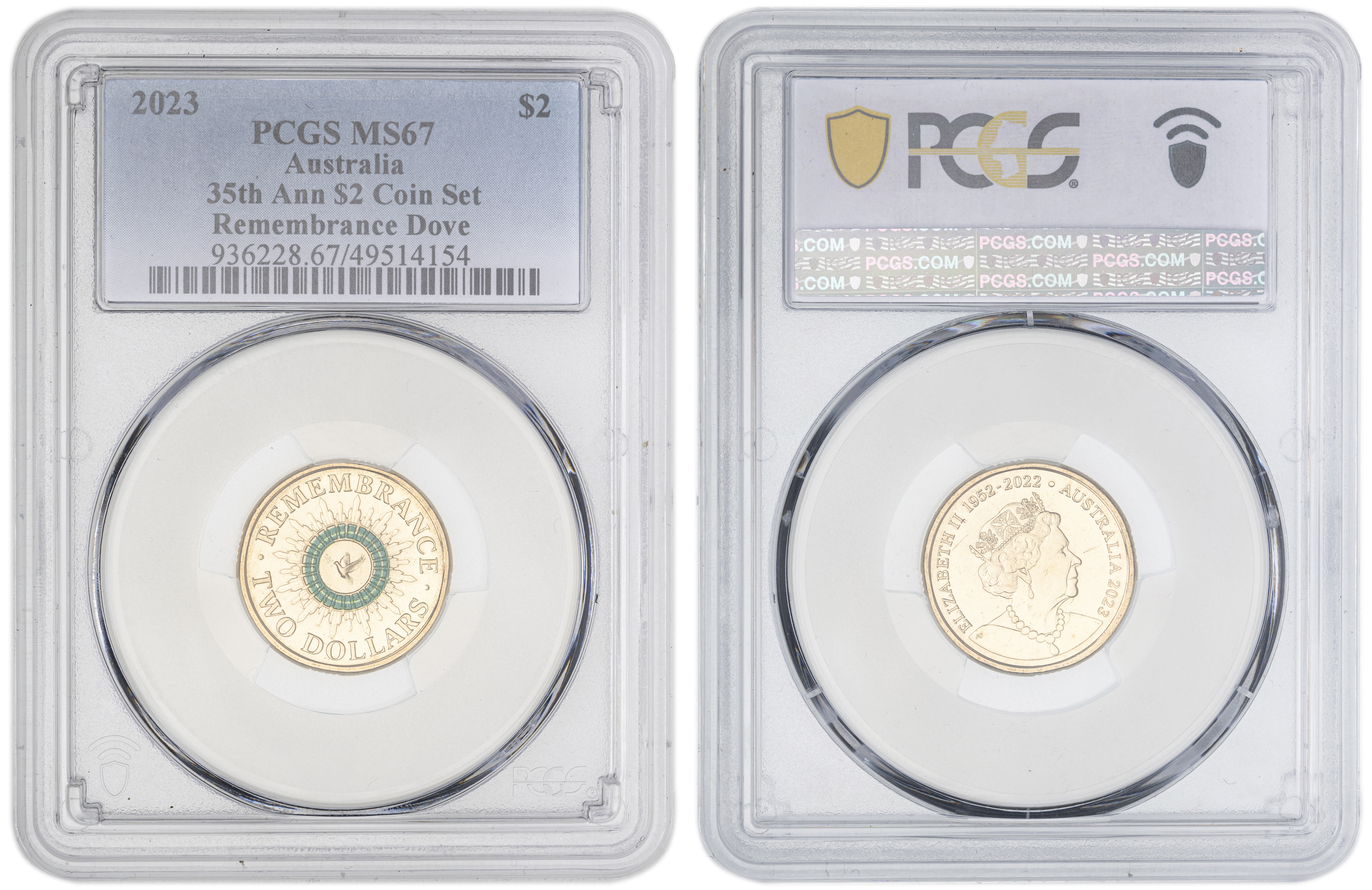 Elizabeth II, 35th Ann $2 Coin Set Colorized Remembrance Dove , Two Dollar, 2023, PCGS MS67