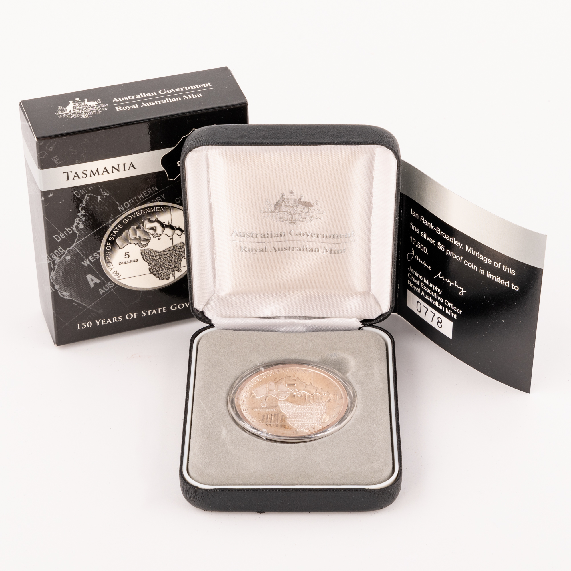 Elizabeth II, 150 Years of State Government: Tasmania Silver Proof Coin, Five Dollar, 2006,