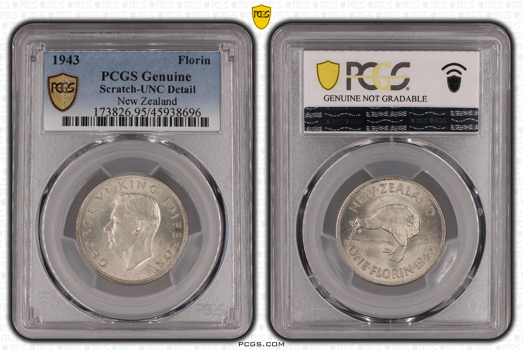 1943 New Zealand Florin PCGS - Genuine - UNC Details (95 - Scratch) -696