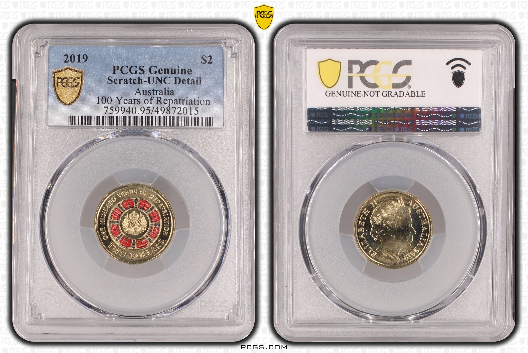 Elizabeth II, 100 Years of Repatriation - Colorized, Two Dollar, 2019, PCGS Genuine - UNC Details (95 - Scratch)