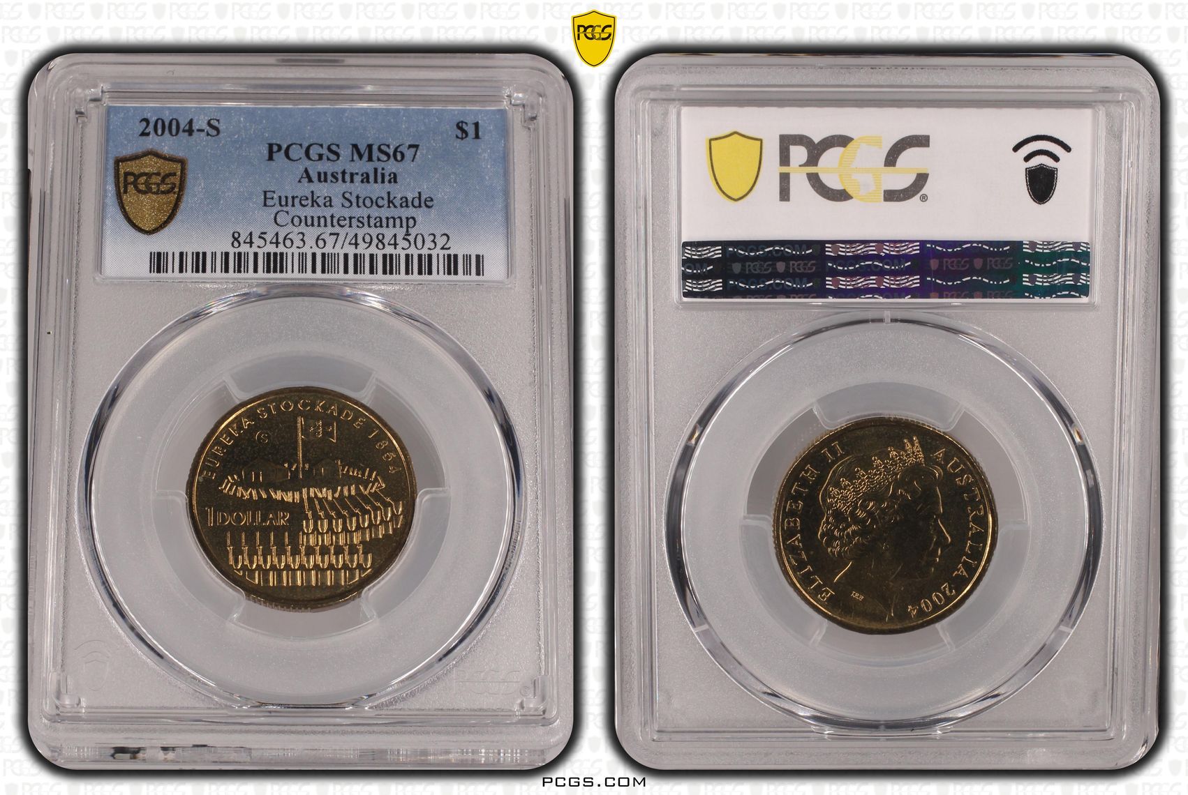 230 · Elizabeth II, Eureka Stockade - Counterstamp , One Dollar, 2004-S, PCGS MS67