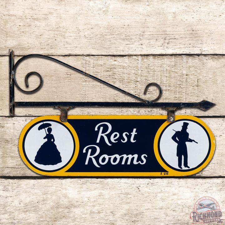 Fantastic Sunoco Service Station Rest Rooms Double Sided Porcelain Sign w/ Factory Bracket