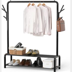 SIMPLE HOUSEWARE GARMENT RACK WITH STORAGE SHELVES AND COAT/HAT HANGING HOOKS