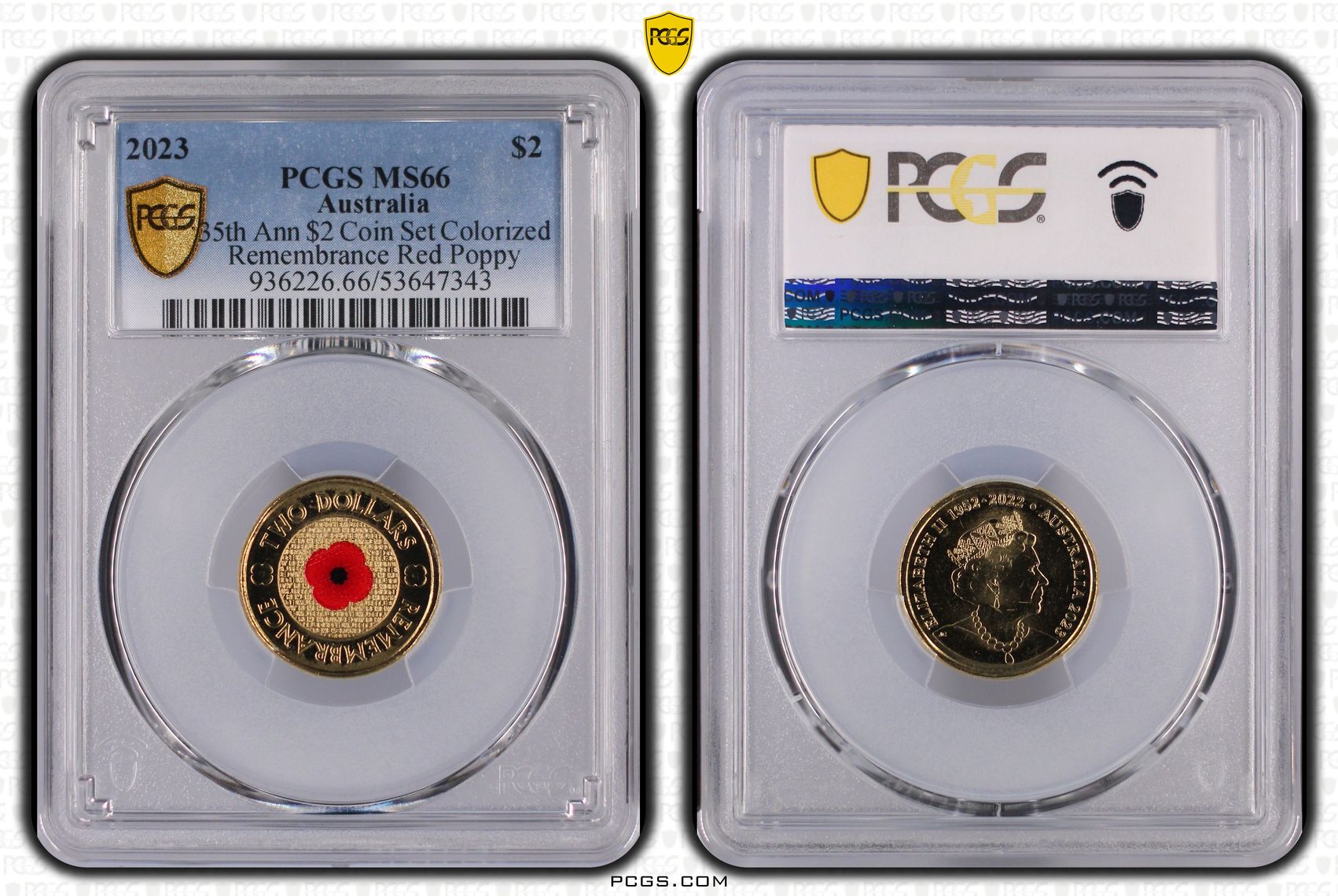 35th Ann $2 Coin Set Colourised Remembrance Red Poppy, Two Dollar, 2023, PCGS MS66