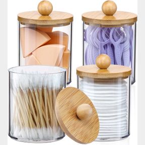 4 PACK OF 10 OZ VITEVER 4 PACK QTIP HOLDER DISPENSER WITH BAMBOO LIDS - 10 OZ CLEAR PLASTIC APOTHECARY JAR CONTAINERS FOR VANITY M