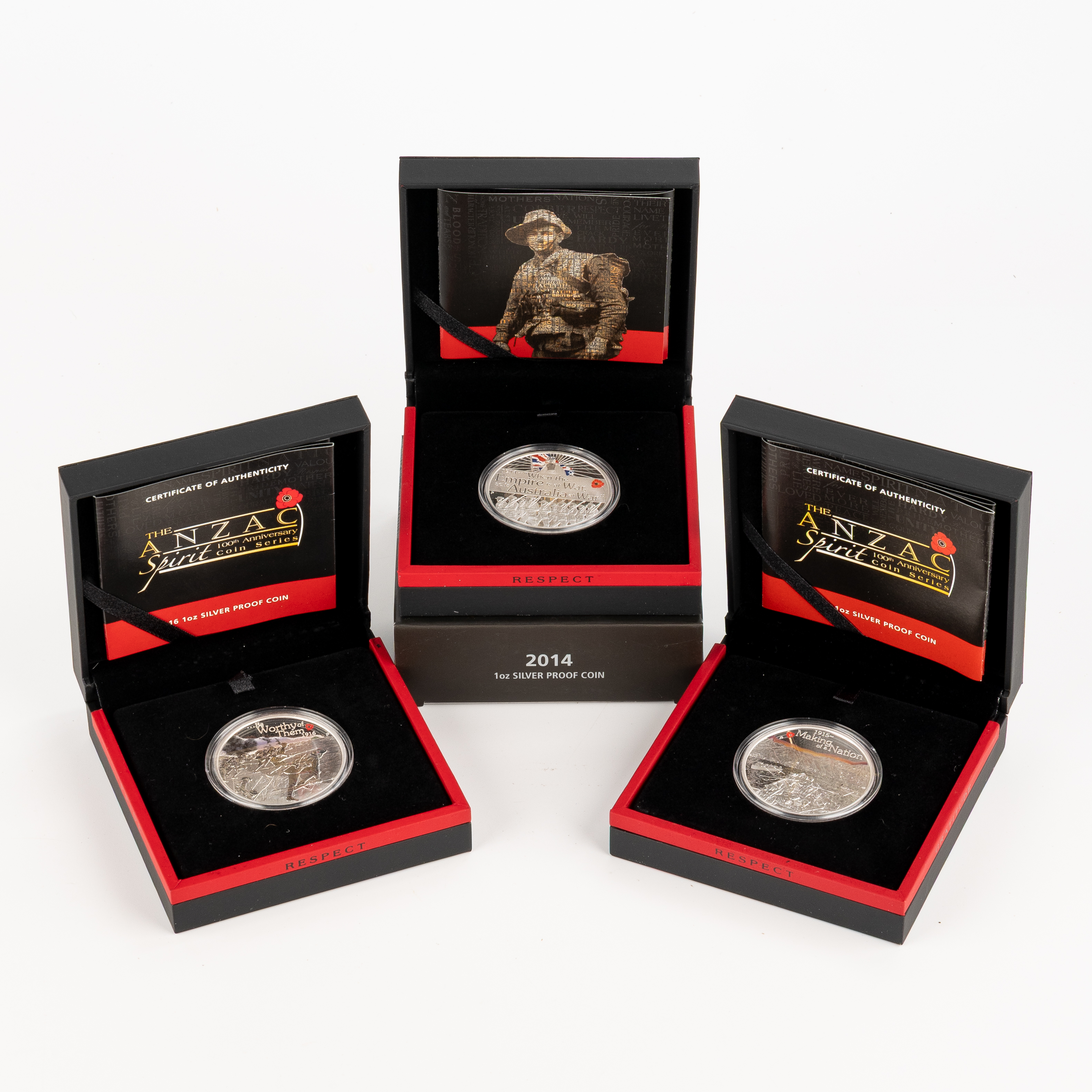 The Anzac Spirit 1oz Silver Proof Coins, One Dollar, 2014 - 2016, FDC