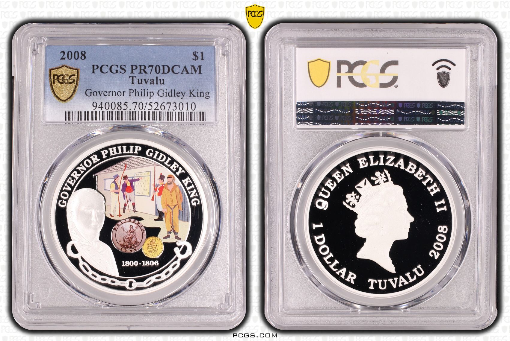 266 · Tuvalu, Governor Philip Gidley King, POP 1/0, One Dollar, 2008, PCGS PR70DCAM