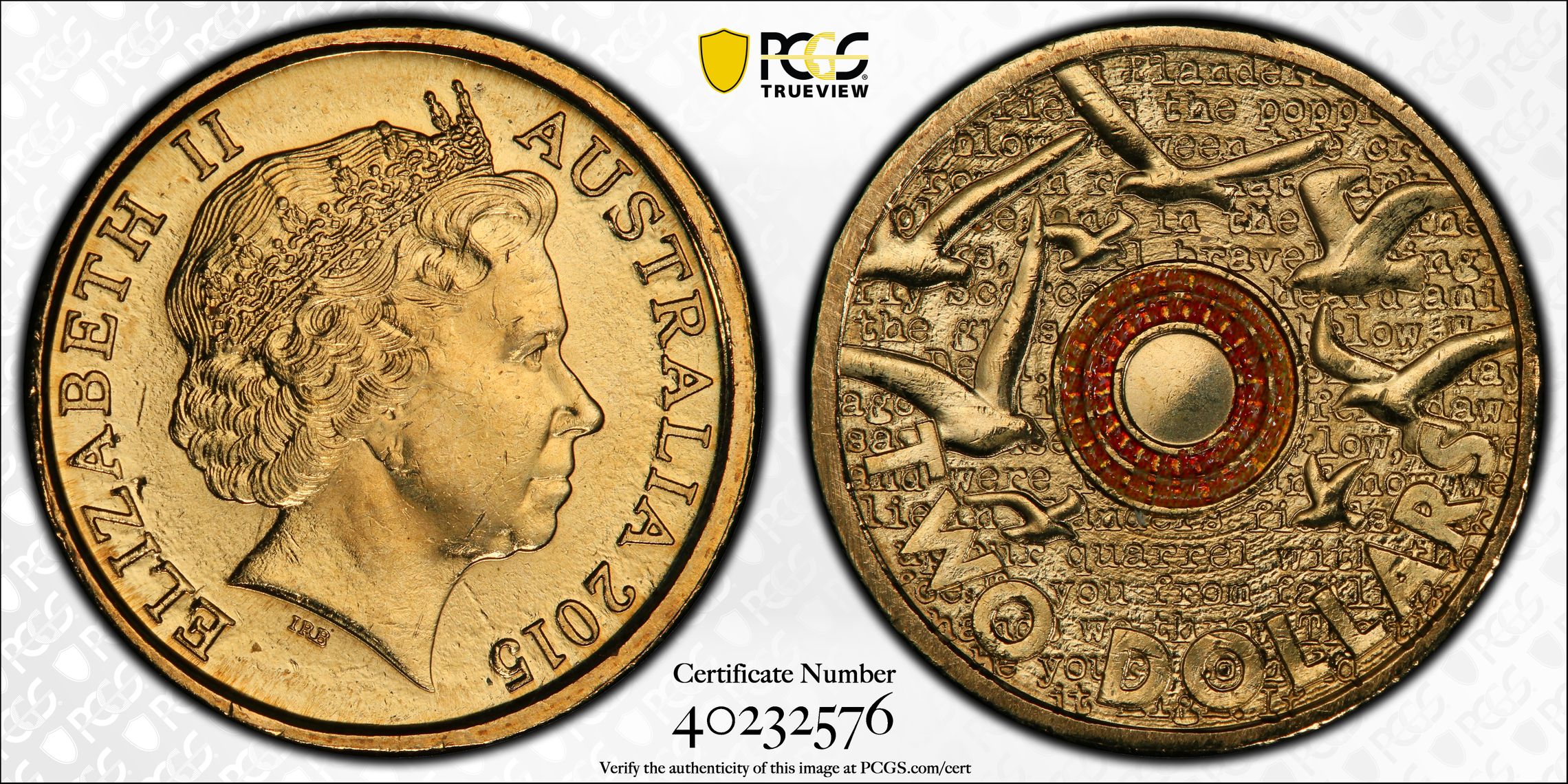 Remembrance Day Colourised In Flanders Fields, Two Dollar, 2015, PCGS MS65