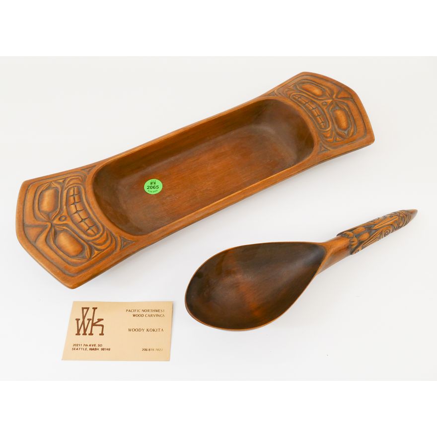 2pc Woody Kokita NW Coast Style Carved Wood Feast Tray & Ladle- 10'' and 15''