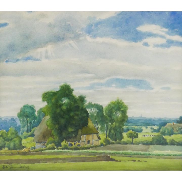 European Countryside Landscape Watercolor Painting illegibly signed. Framed- 17x18.5''