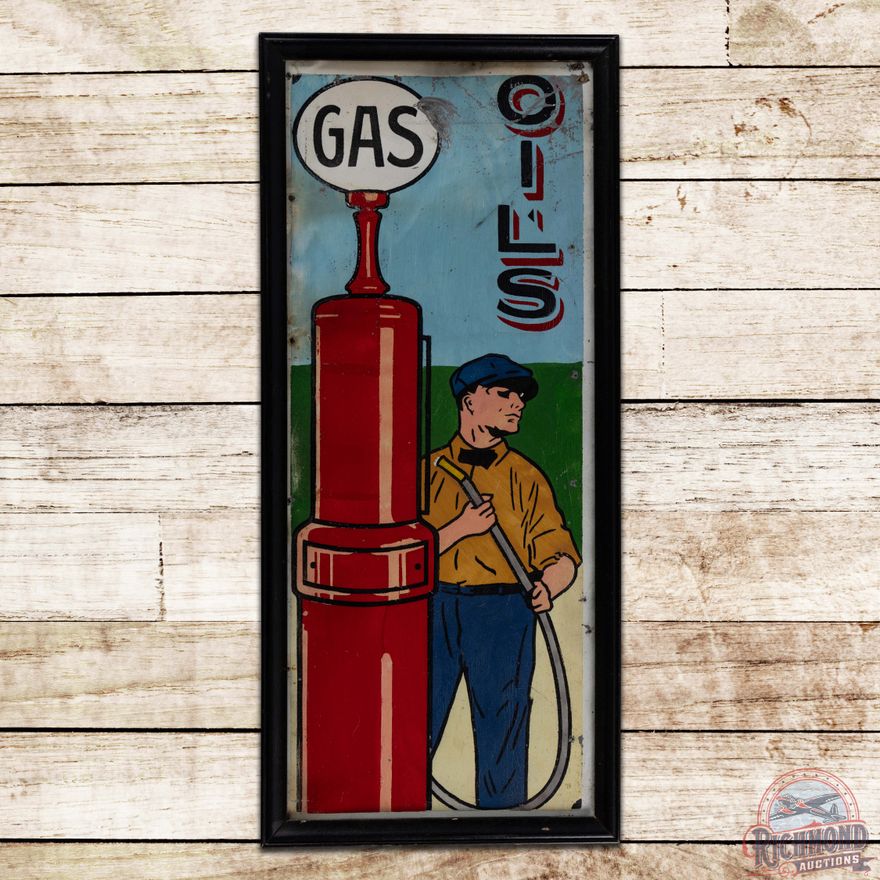 Early Ithaca Hand Painted Single Sided Tin Sign w/ Gas Pump & Attendant