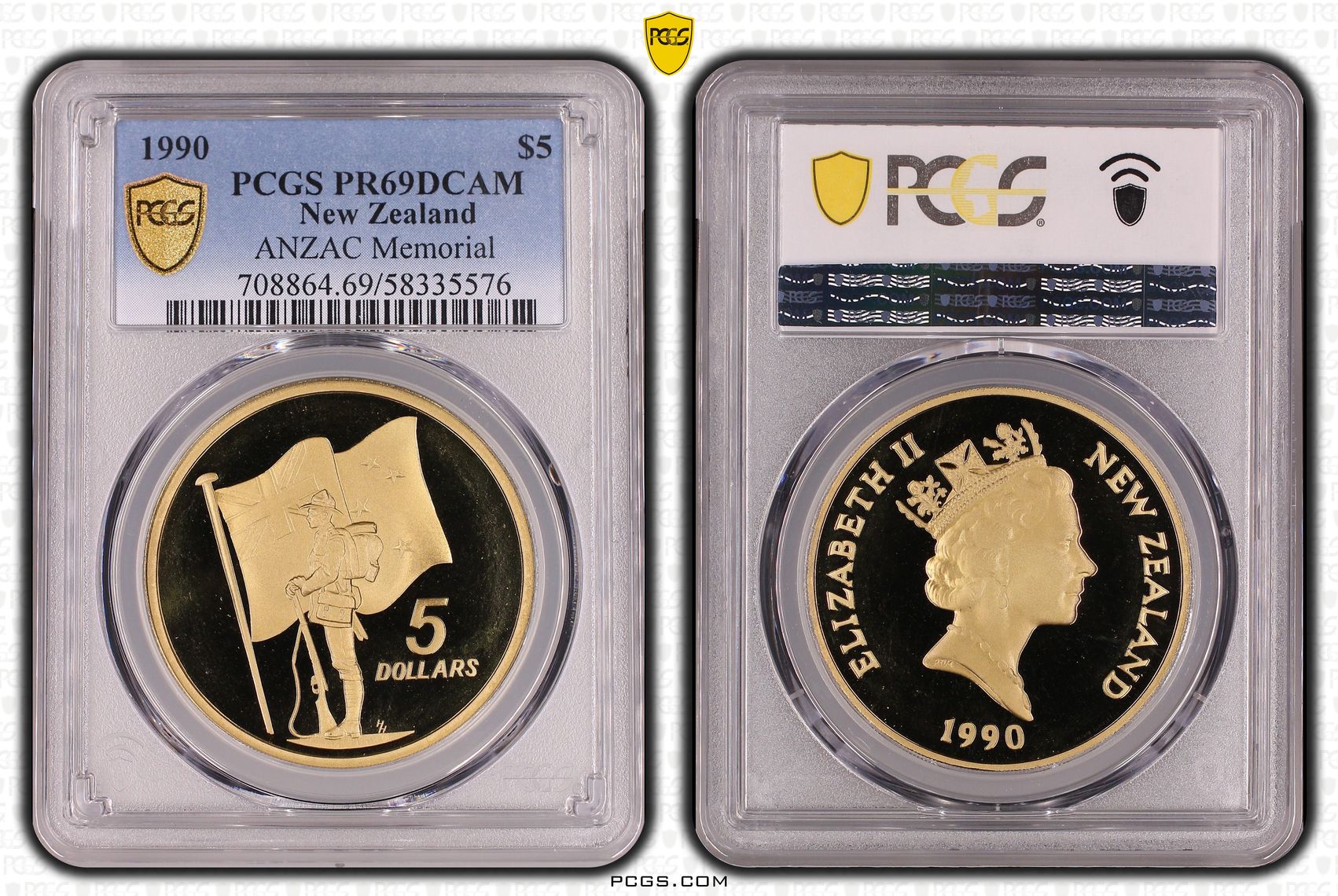 New Zealand , Elizabeth II, ANZAC Memorial KM-71 Soldier & Flag, Five Dollar, 1990, PCGS PR69DCAM