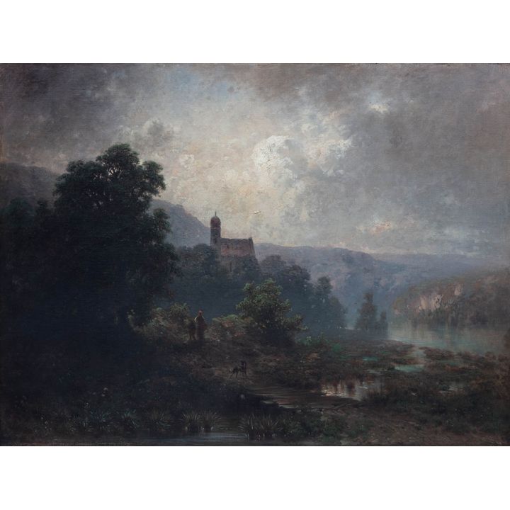 Aleksander Władysław Malecki | Krajobraz z sylwetą kościoła (Krajobraz górski, Krajobraz z okolic Monachium), 1869 r.