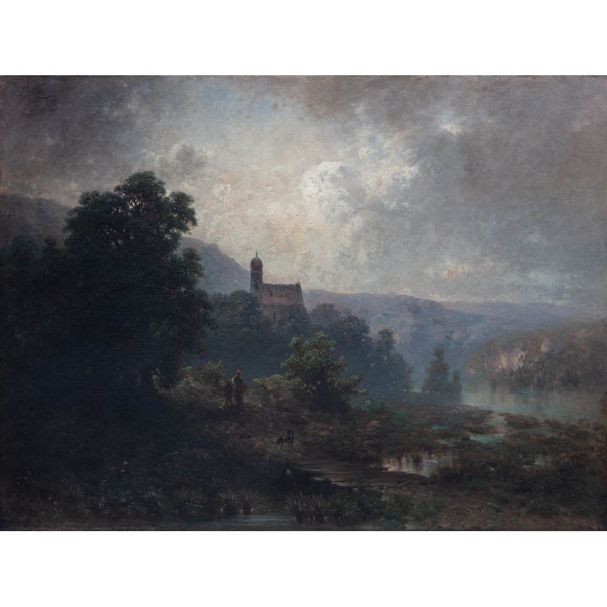 Aleksander Władysław Malecki | Krajobraz z sylwetą kościoła (Krajobraz górski, Krajobraz z okolic Monachium), 1869 r.