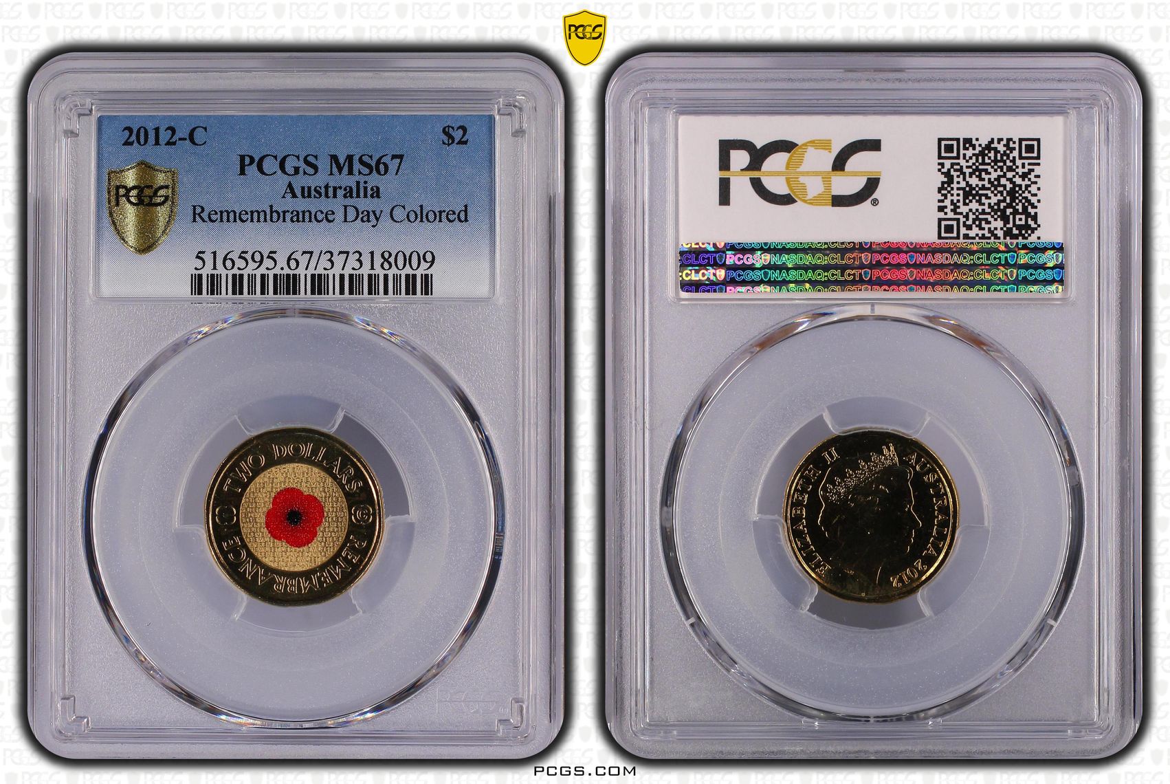 2012-C Australian Two Dollar, $2 Remembrance Day Colored PCGS - MS67 -009