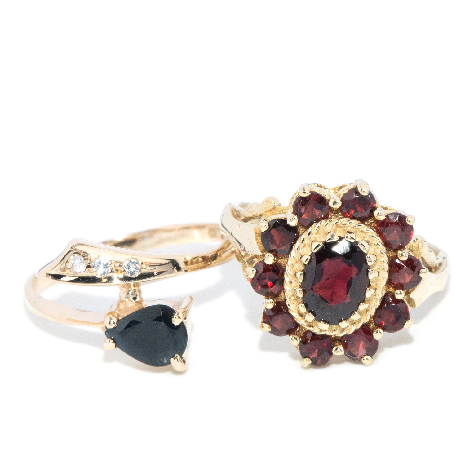 97 · Garnet Flower Ring & Sapphire & Cubic Zirconia Ring in 9ct Gold