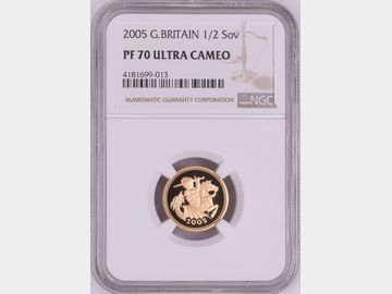 2005 ELIZABETH II PROOF GOLD HALF SOVEREIGN PF70 UCAM