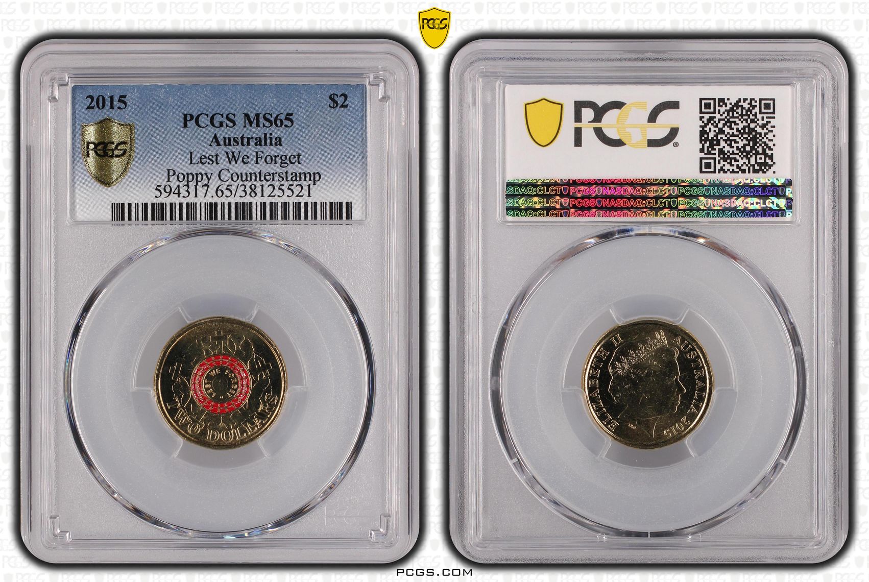 Elizabeth II, Lest We Forget Poppy counterstamp, Two Dollar, 2015, PCGS MS65