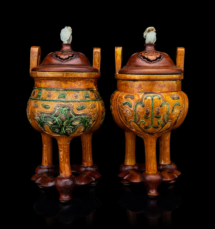 A Pair of Chinese Sancai Glazed Porcelain Tripod Ding Vessels