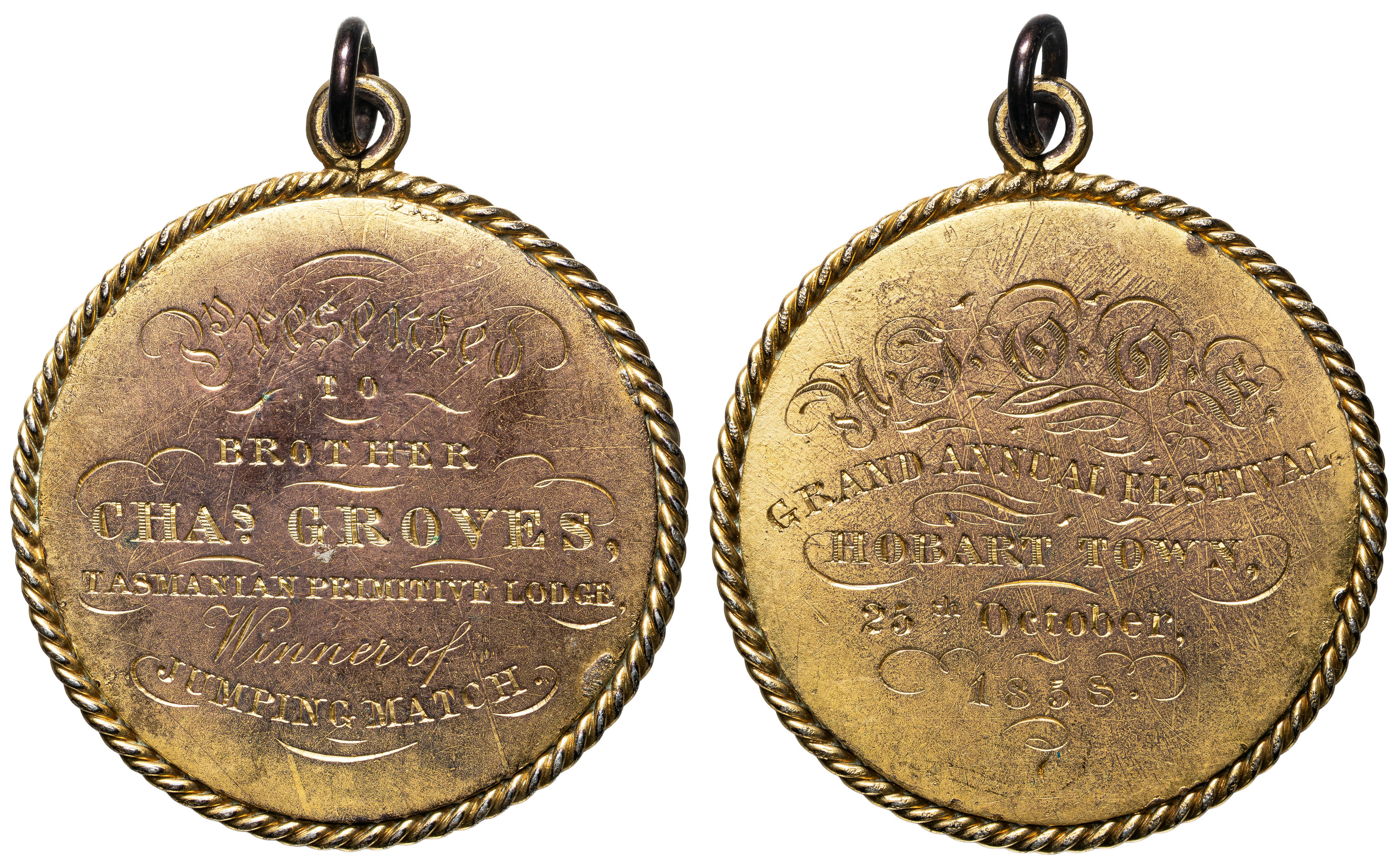 Hand Crafted Gold Plated Medal, Hobart Town, 1858