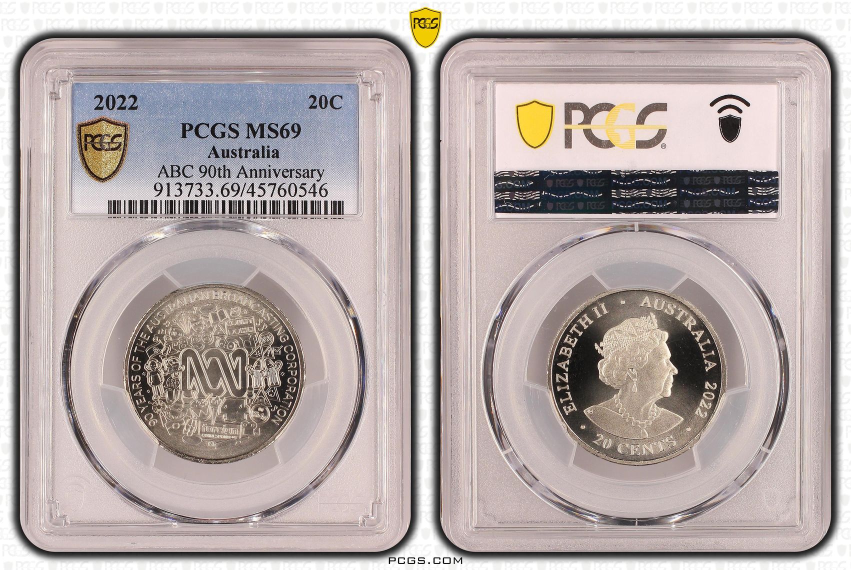 ABC 90th Anniversary, Twenty Cent, 2022, PCGS MS 69