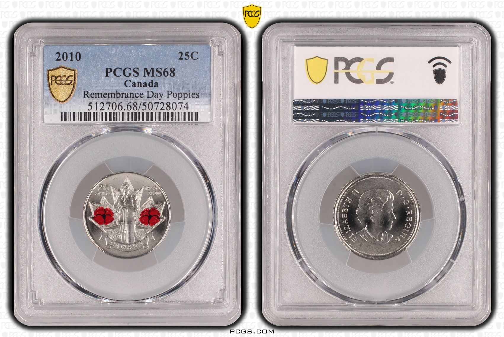 Canada, Remembrance Day Poppies POP 11/0, Twenty Five Cent, 2010, PCGS MS68