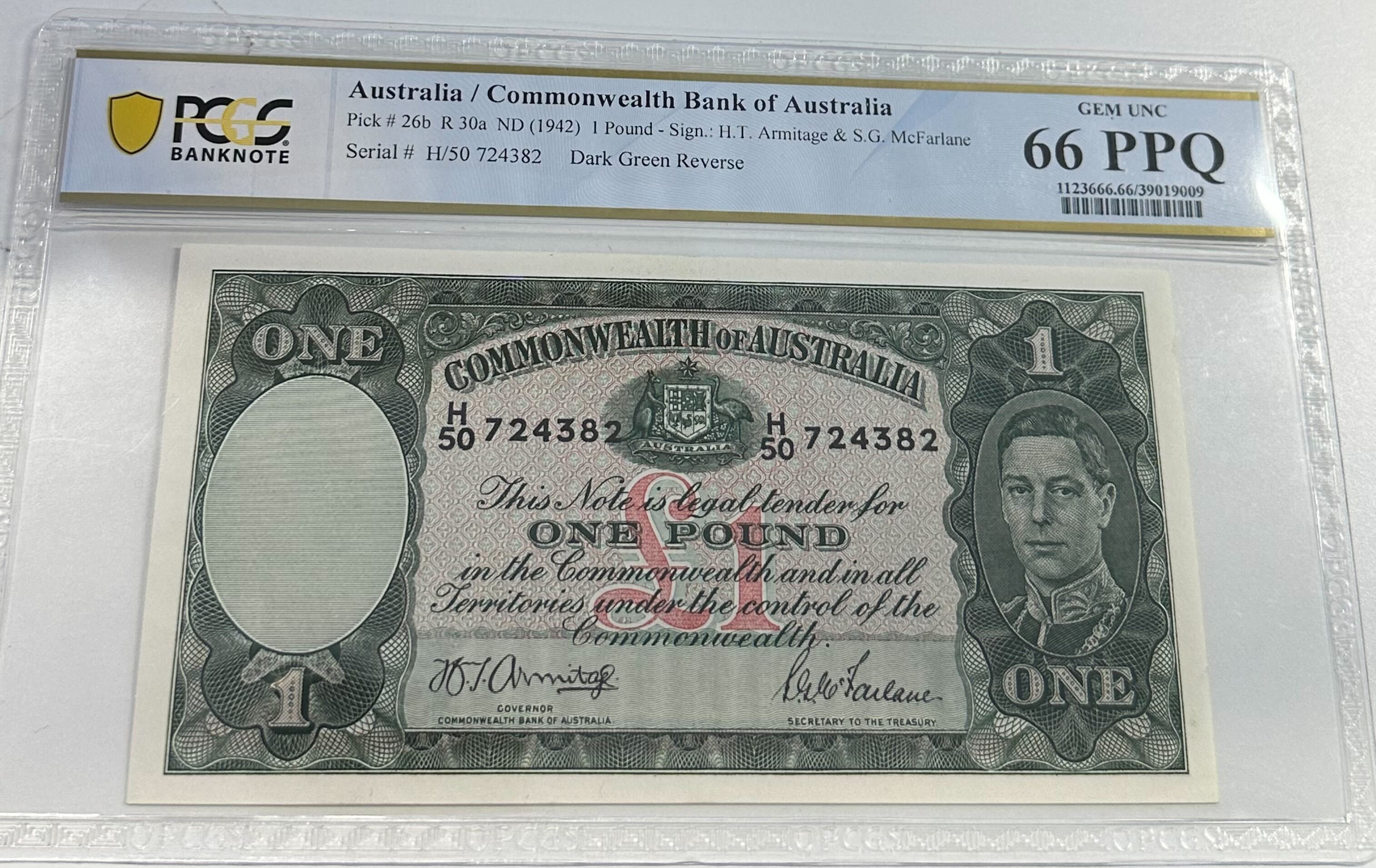 Commonwealth Bank of Australia, Armitage & McFarlane, Dark Green Reverse, One Pound, 1942, PCGS Gem UNC 66 PPQ