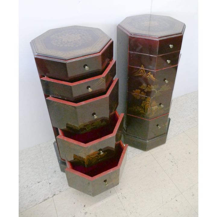 Pair Asian Lacquered Octagonal Pedestals with Drawers- 31x14'' each