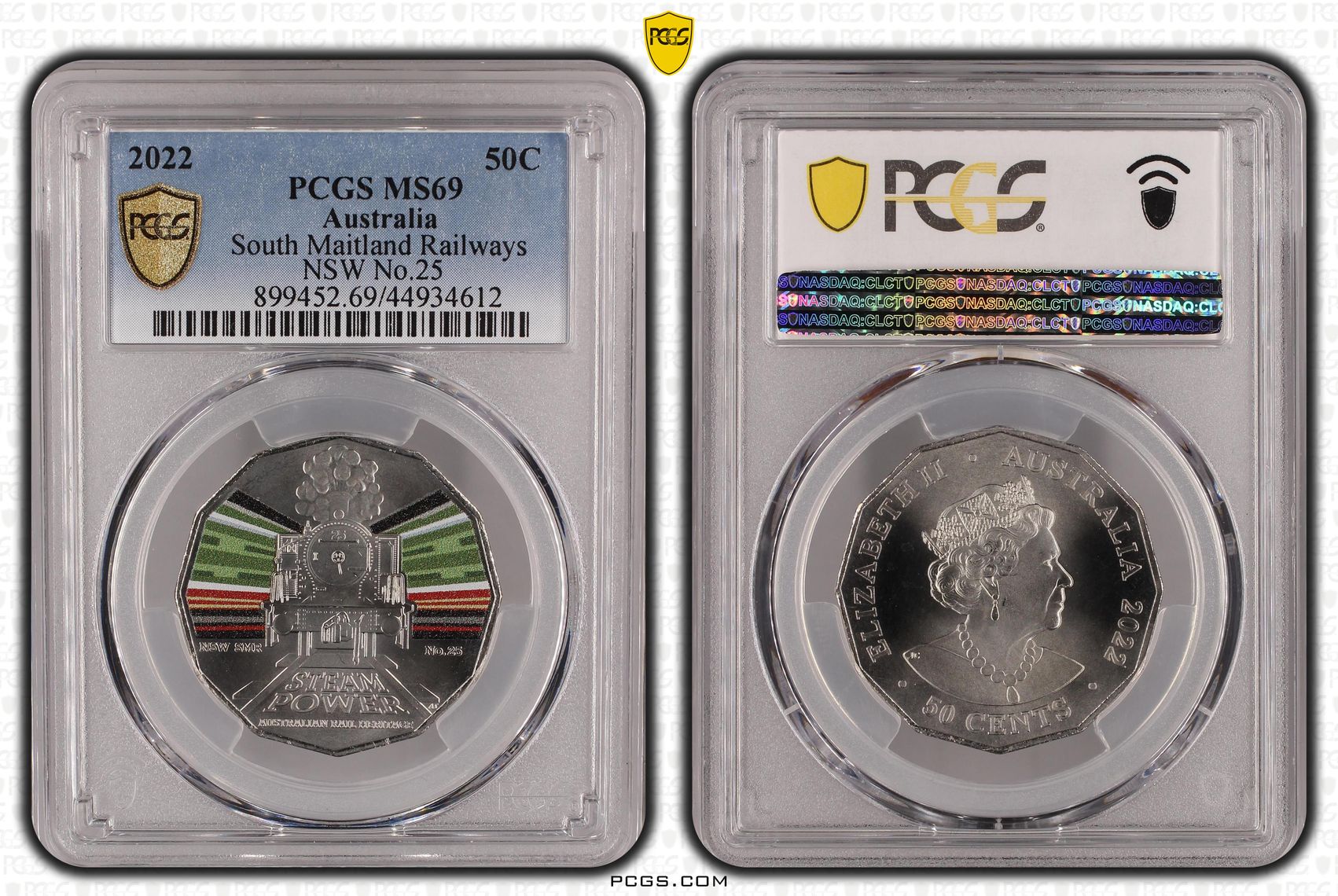 409 · NSW S. Maitland Rail No.25 - Australian Rail Heritage, Fifty Cent, 2022, PCGS MS69