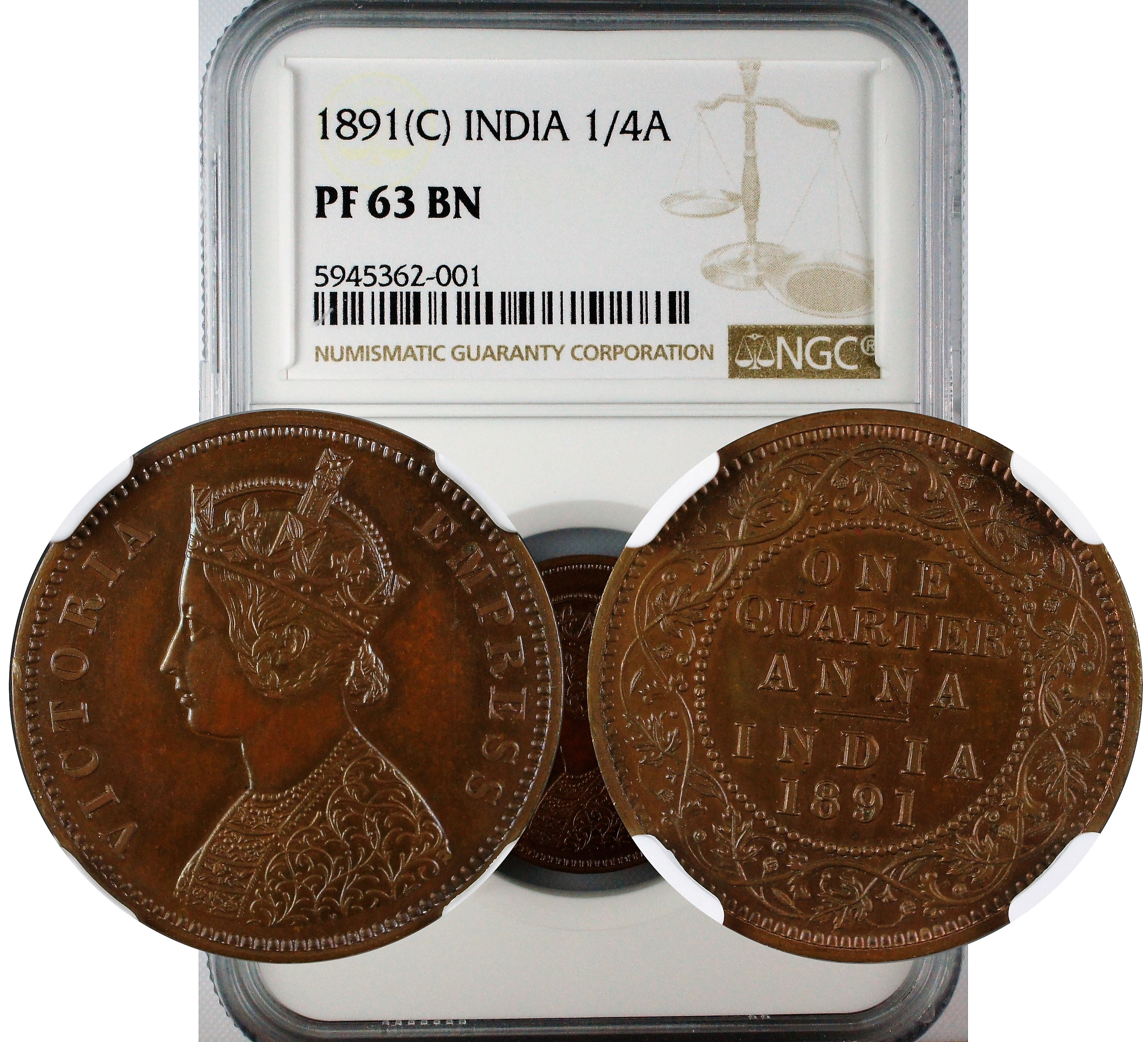 India 1891 C 1/4 Anna Original Proof NGC PF63 BN
