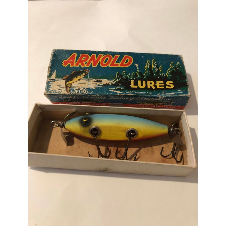 arnold fishing lures Vintage Tackle Corp Red & White Swimming Mouse Lure For Sale With tons of assorted ice jigs that catch fish Arnold Neon-Gantron Injured Minnow In
