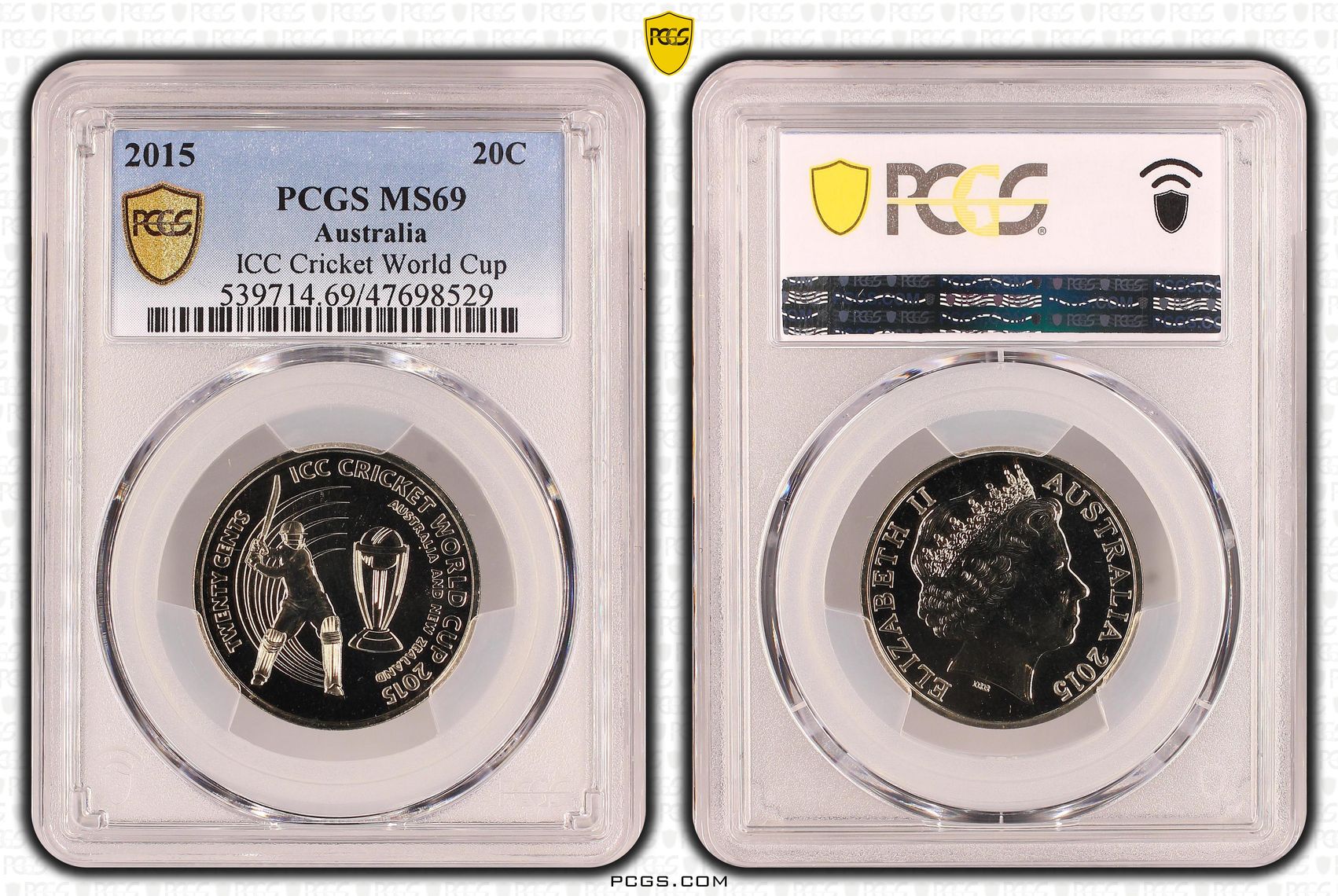 Elizabeth II, ICC Cricket World Cup, Pop 13/0, Twenty Cent, 2015, PCGS MS69